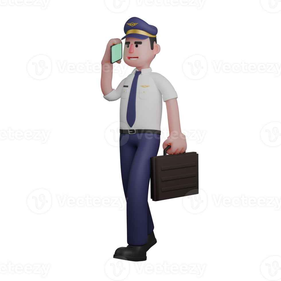 Professional Pilot 3D. A pilot is walking with his right hand carrying a cellphone placed on his ear while his left hand is carrying a black bag. Male Flight Officer png