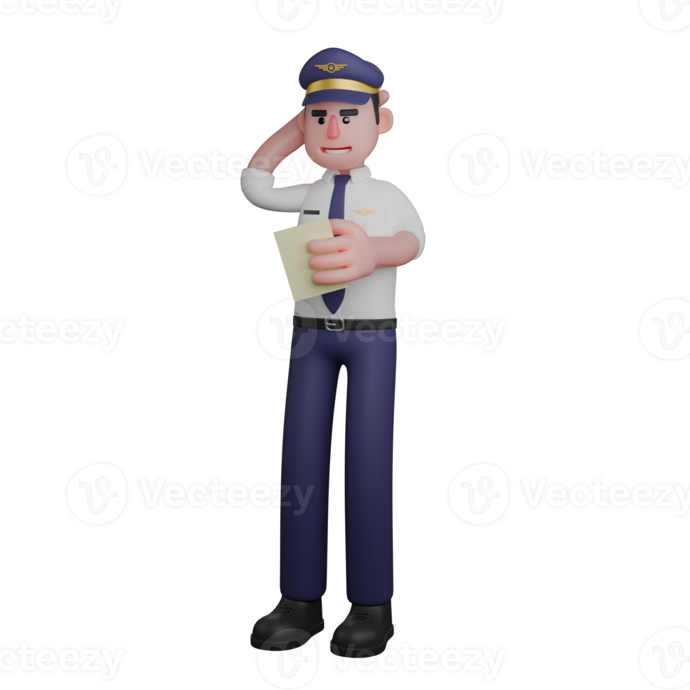 Aviation Expert 3D. A pilot holds a piece of paper in his right hand and scratches his head with his left hand, looking a little confused. Pilot Cartoon png