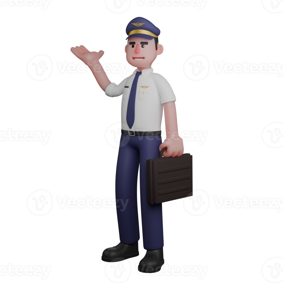 of a Professional Pilot. A pilot is standing with his left hand carrying a black bag while his right hand is raised upwards. 3D Male png