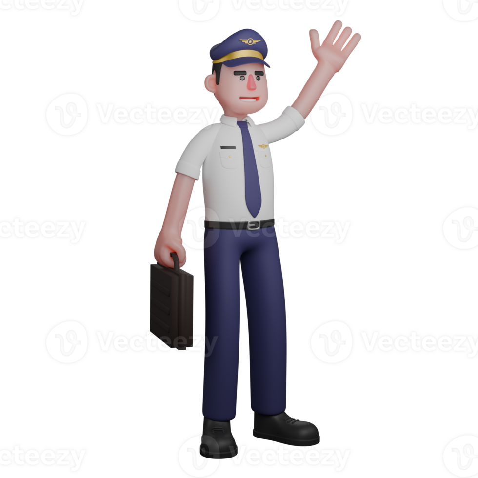 Male Pilot Character. A pilot is standing with his right hand carrying a black bag while his left hand is waving. 3D Aviation Style png
