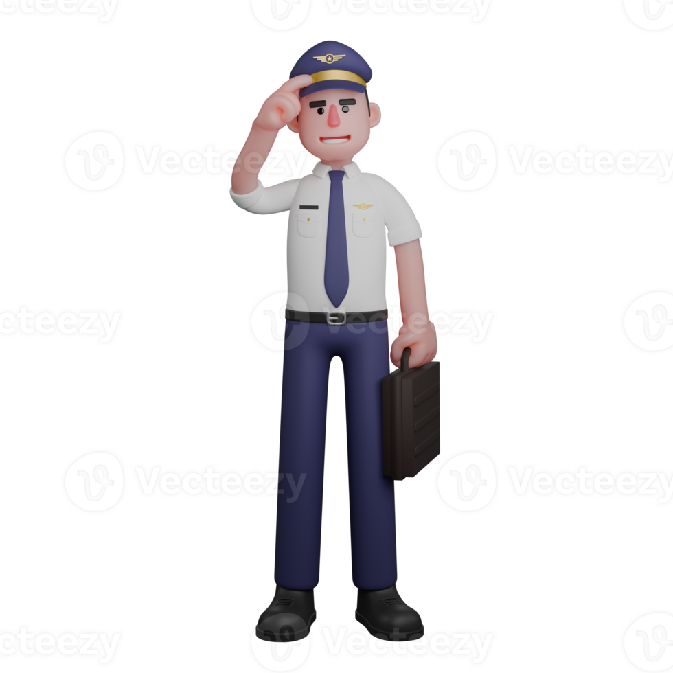 Cartoon Male Pilot. A pilot is standing with his right hand saluting while his left hand is carrying a black bag. 3D Flight Professional png
