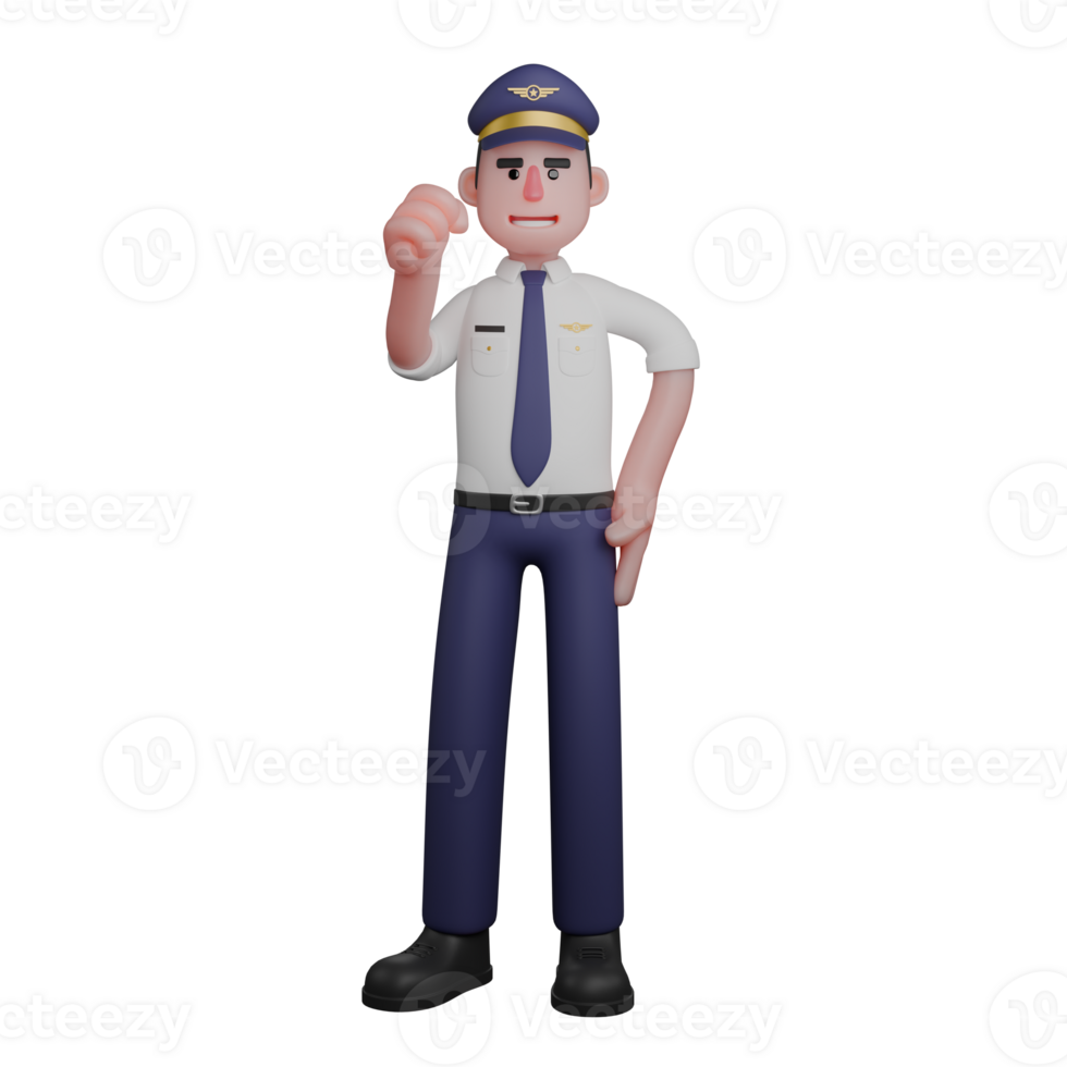 3D Male Aviation Expert. A pilot is standing with his left hand on his waist while his right hand is clenched upwards. Illustrated Character png