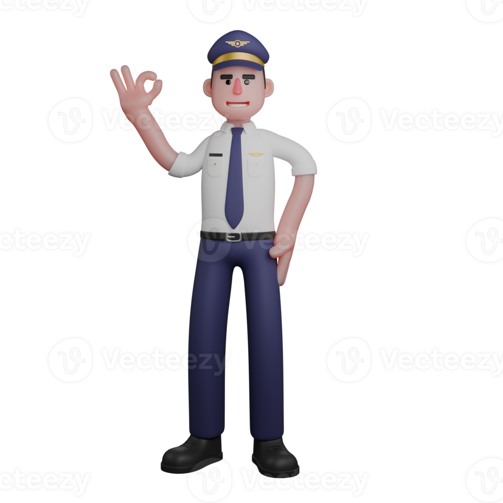 Animated Male Pilot. A pilot is standing with his left hand on his waist while his right hand forms an ok symbol. 3D Professional png