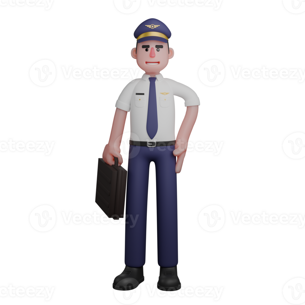 3D Animated Pilot. A pilot is standing with his right hand holding a black bag while his left hand is on his waist. Male Aviation Figure png