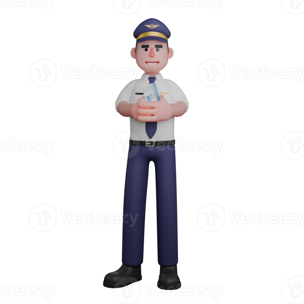 Cartoon of a Male Pilot. A pilot is standing with both hands holding a small plane. 3D Style png