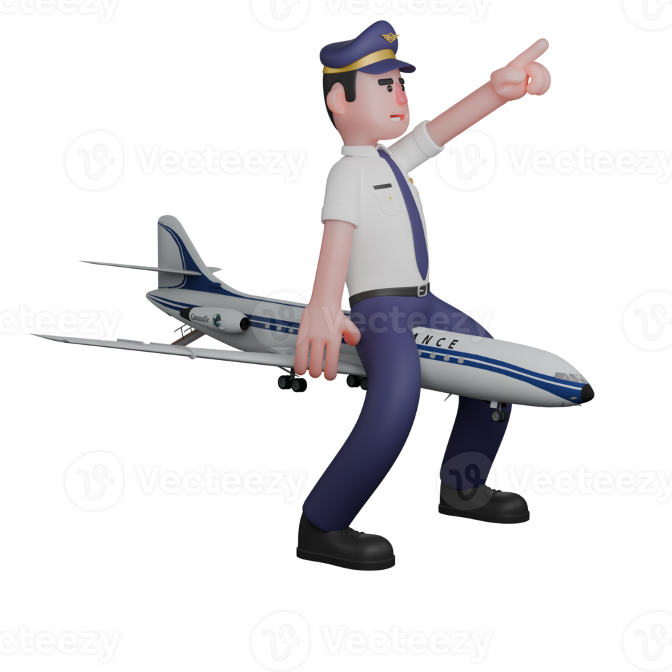 Illustrative 3D Male Pilot. A pilot is sitting on a plane with his left hand pointing up. Aviation Leader png