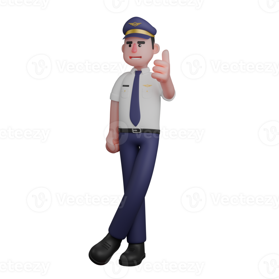 Aviation Service Provider 3D. A pilot is standing with his legs crossed while his left hand is giving a thumbs up. Male Pilot Cartoon png