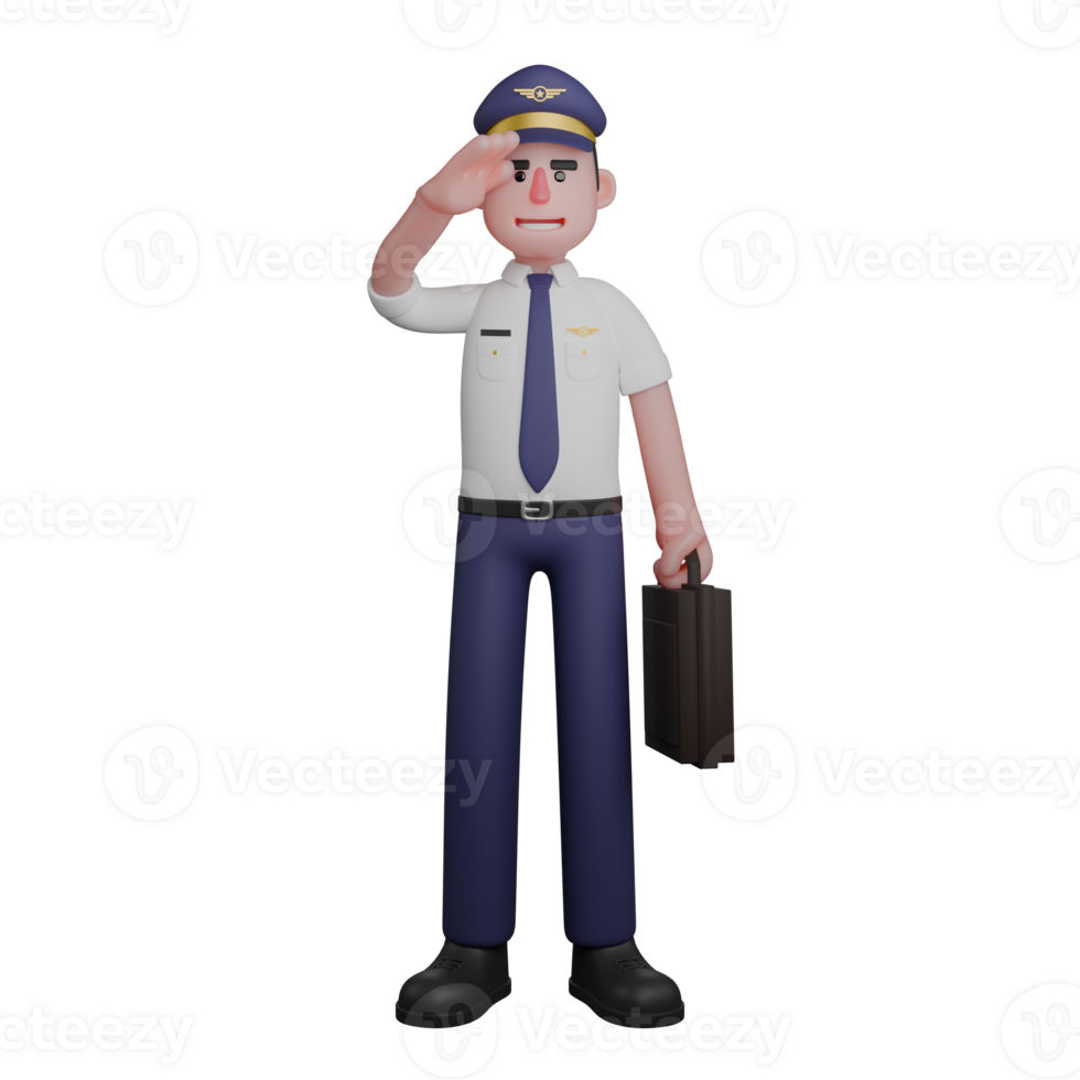 Professional Pilot 3D Art. A pilot is standing with his right hand saluting while his left hand is carrying a black bag. Male Character png