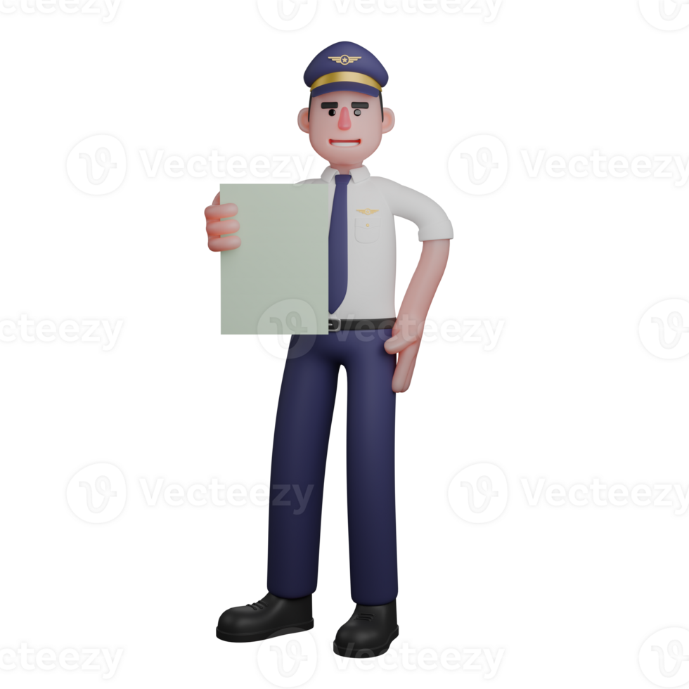 Aviation 3D A pilot is standing with his right hand holding a piece of paper while his left hand is on his waist. Professional Male Pilot png