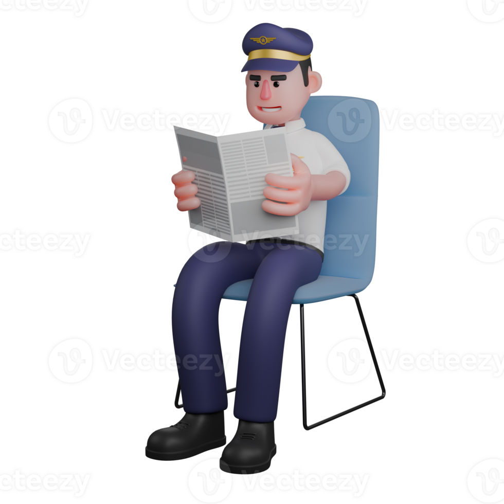 3D Aviation Expert. A pilot is sitting on a blue chair with both hands holding a newspaper. Cartoon Male Pilot png
