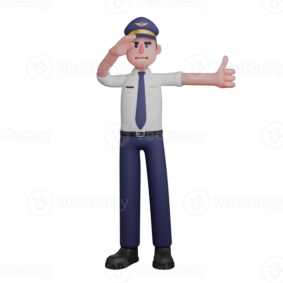 Male Pilot in Action. A pilot stands with his right hand saluting while his left hand gives a thumbs up. 3D Aviation Scene png