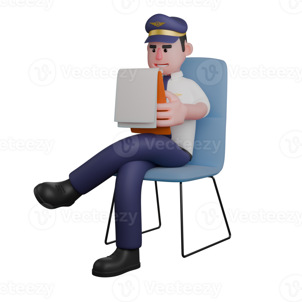 Professional Male Pilot in 3D. A pilot is sitting on a blue chair with both hands holding a notebook. Aviation Character png