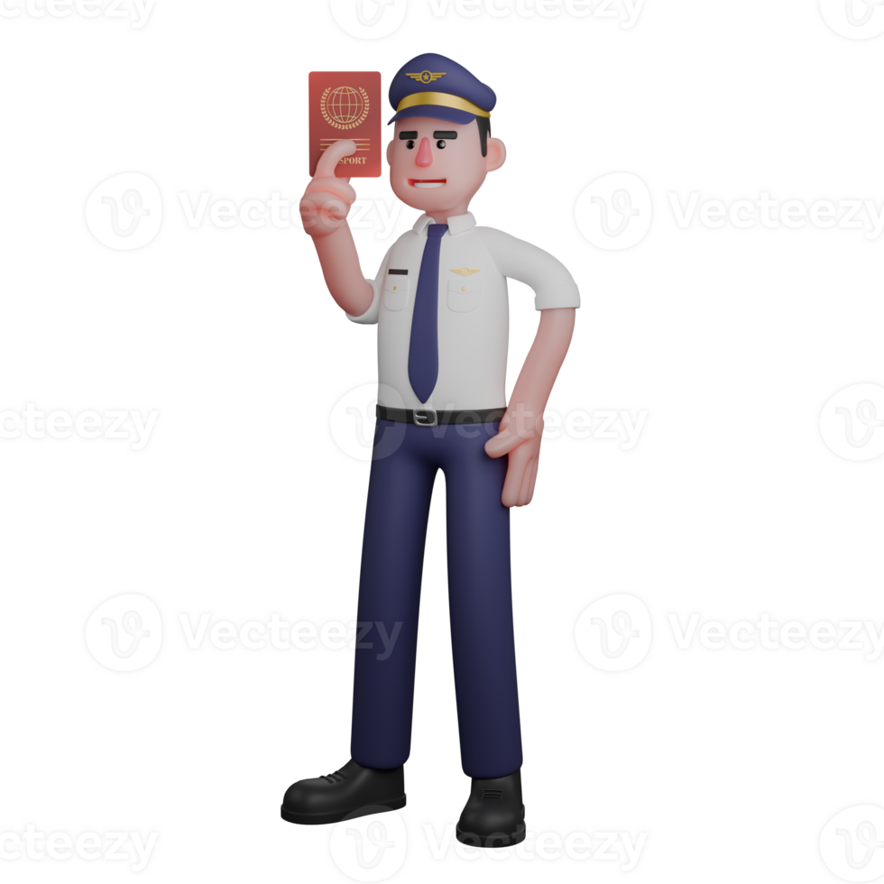 Professional 3D Pilot. A pilot is standing with his left hand on his waist while his right hand is holding a passport. Male Aviation Expert png