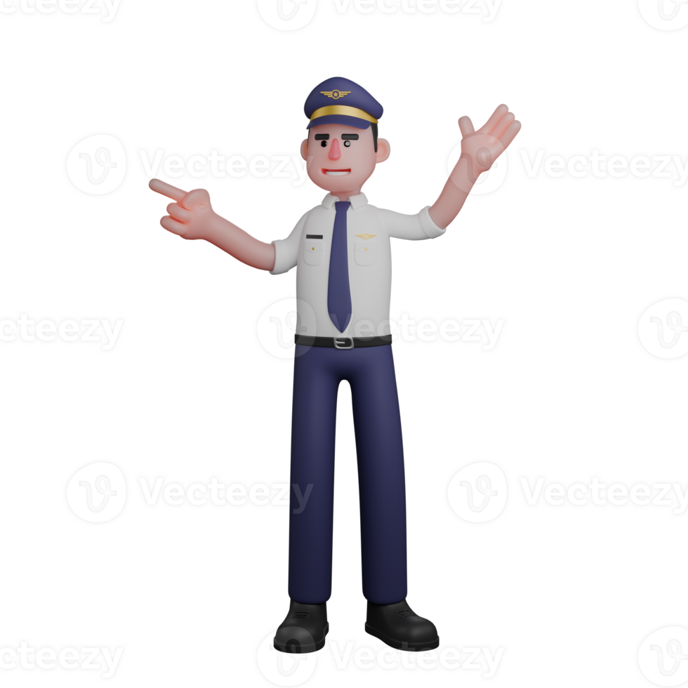 Male Commercial Pilot 3D. A pilot is standing with his left hand up while his right hand is pointing as if he is explaining something. Professional png