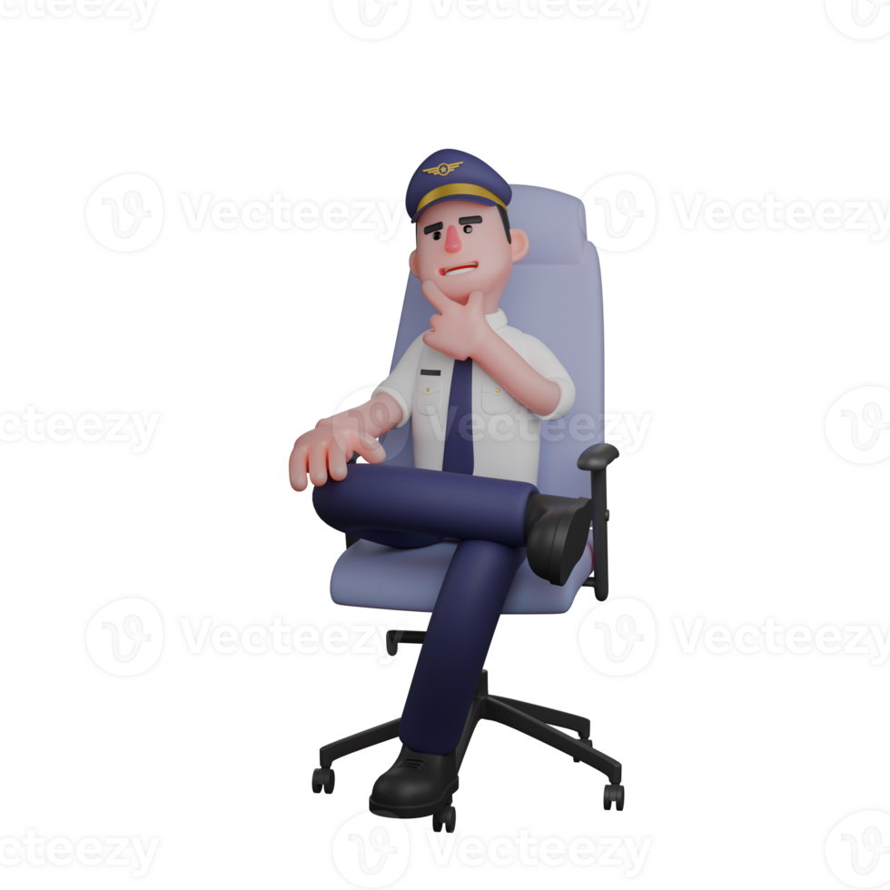 Cartoon Style Airline Pilot. A pilot is sitting in a chair with his left hand holding his chin. 3D Male png