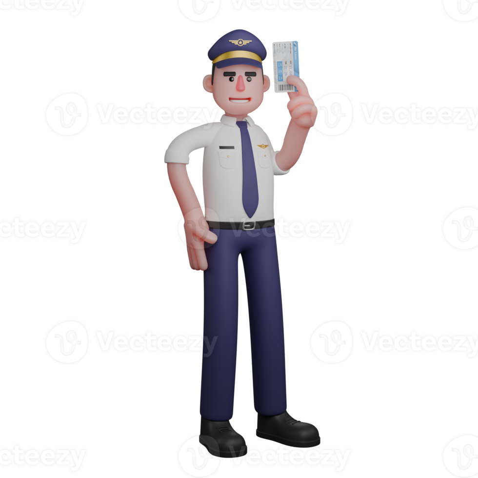 3D Aviation Practitioner. A pilot is standing with his right hand on his waist while his left hand is holding a ticket. Male Pilot png
