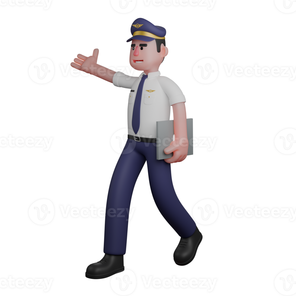 of an Aviation Expert. A pilot is walking with his left hand carrying a book while his right hand is stretched out to the side. Male Pilot png