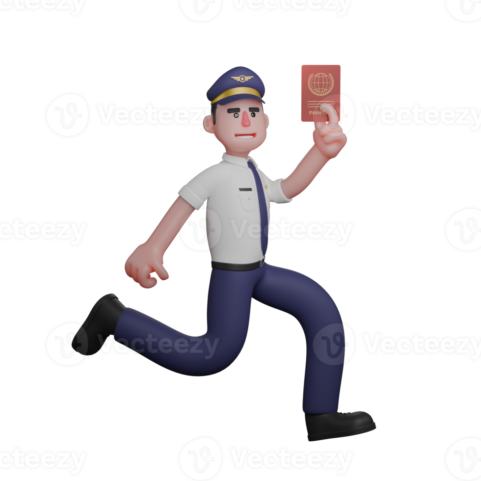 3D Male Pilot in Cockpit. A pilot is running to the left with his left hand holding a passport. Professional Character png