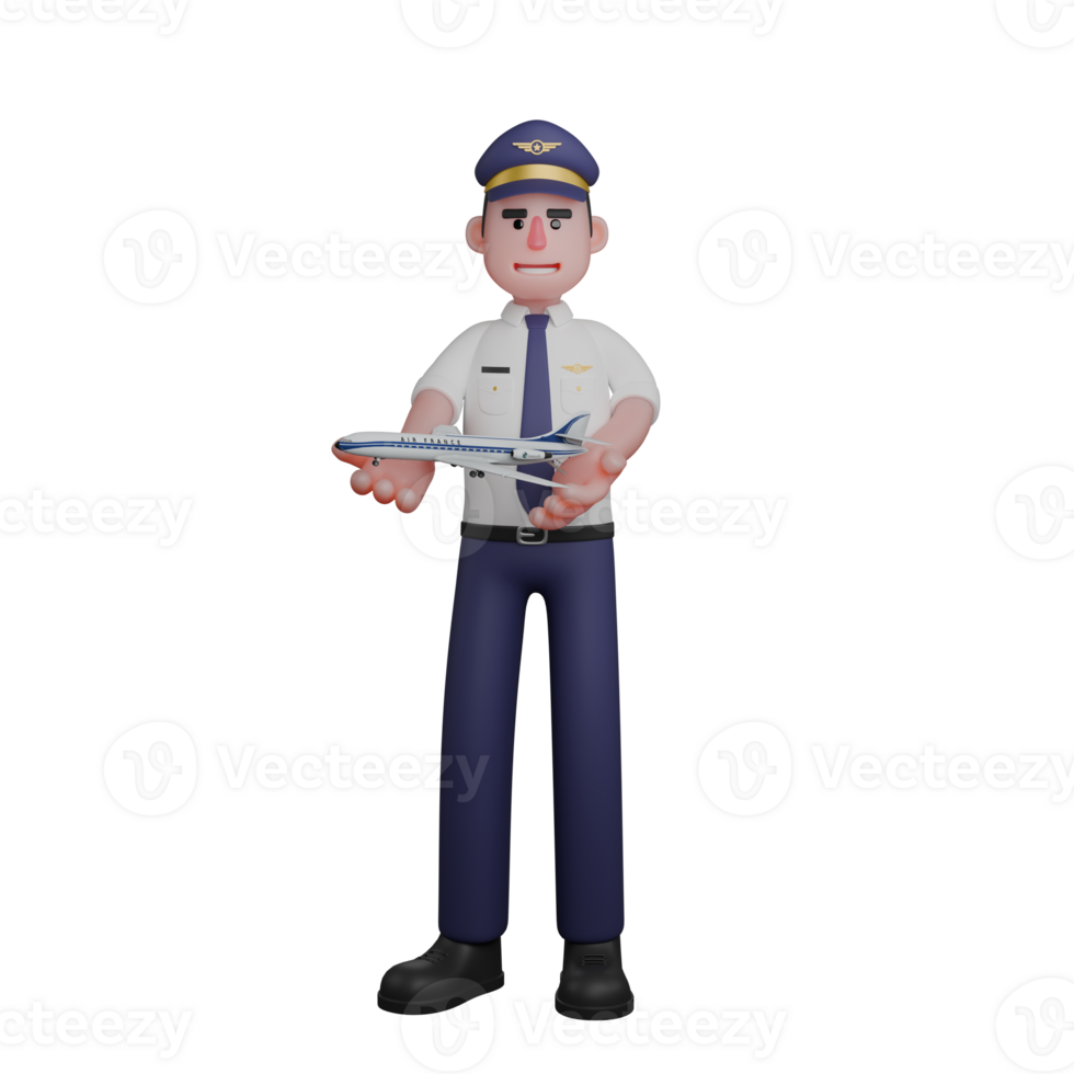 3D Professional in Aviation. A pilot is standing with both hands holding a replica of an airplane. Male Pilot png