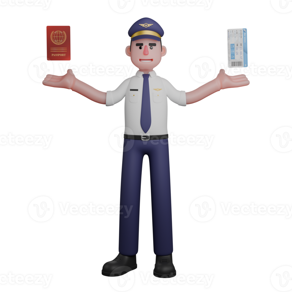 Male Pilot Professionalism in 3D. A pilot is standing with both hands raised upwards with his right hand holding a passport while his left hand is holding a ticket. Aviation Cartoon png