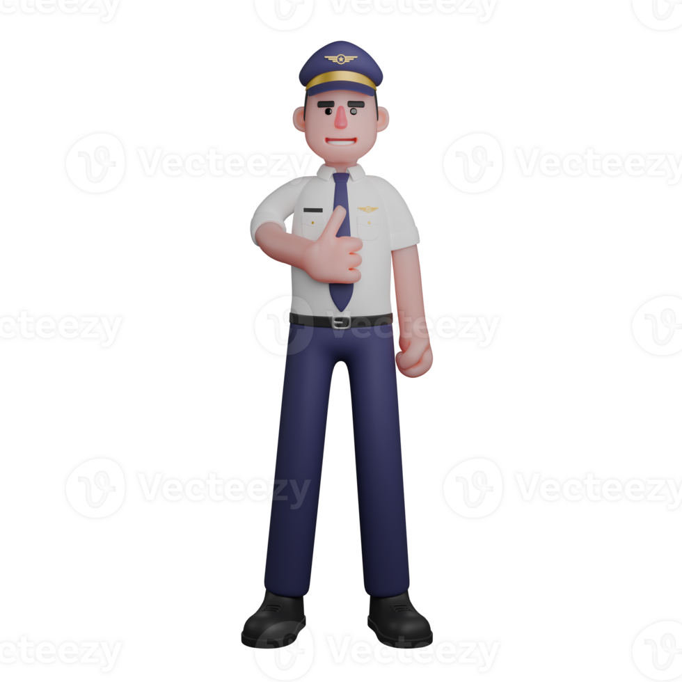 Male Pilot in Aviation Setting. A pilot is standing with his right hand sticking out his thumb in front of his chest. 3D Character png