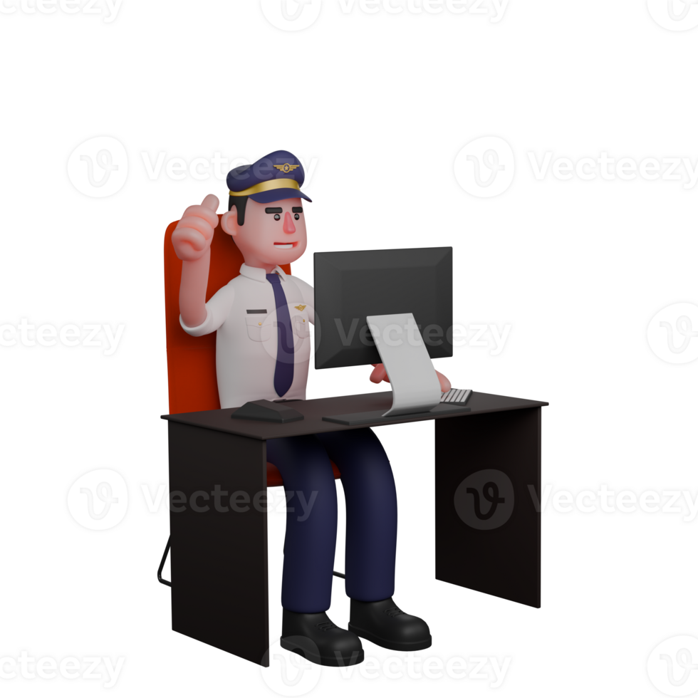 3D Model of Male Pilot. A pilot is sitting in a chair and in front of him is a table and a computer. Professional Aviator png