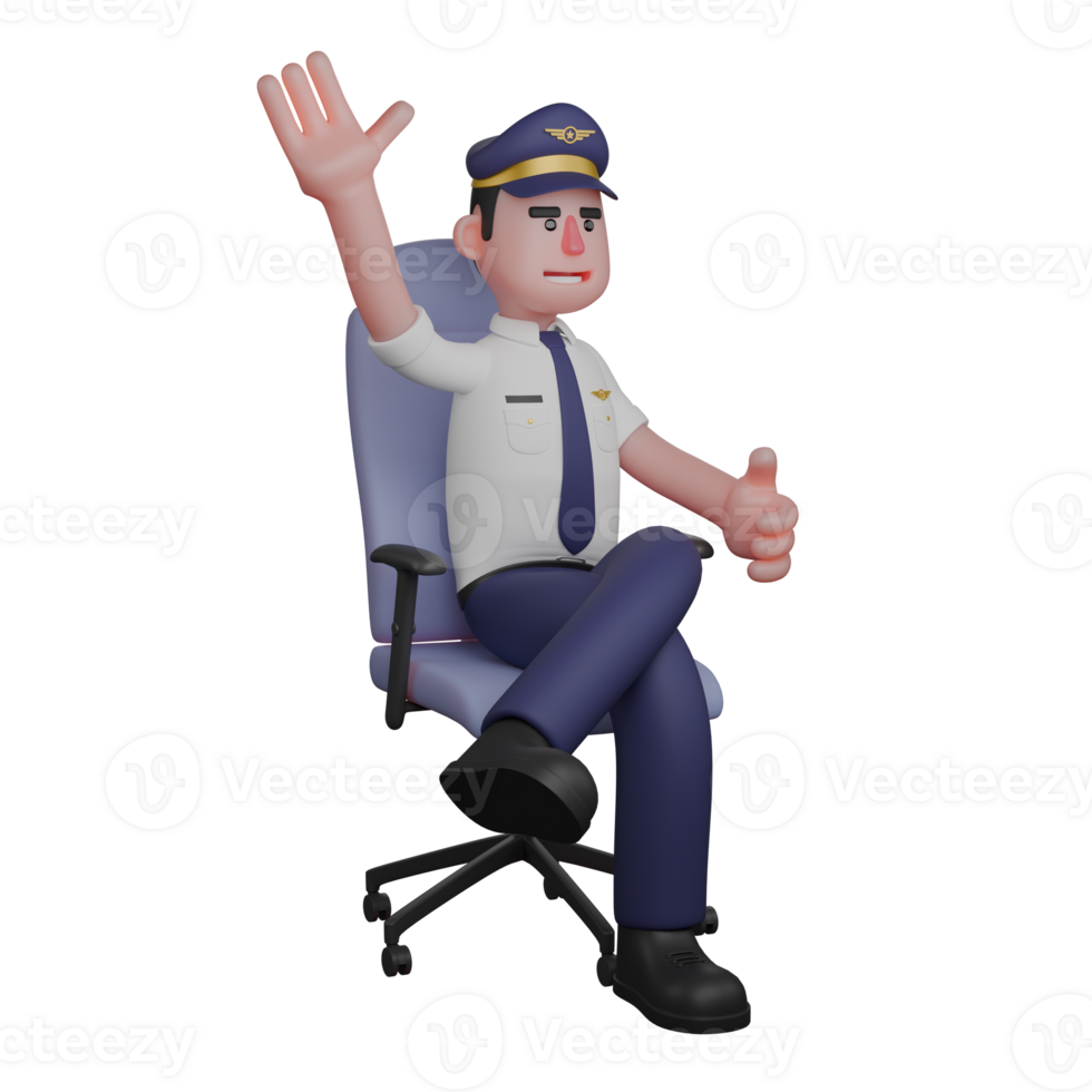 3D Aviation Character. A pilot is sitting in a chair with his right hand raised upwards. Male Pilot png