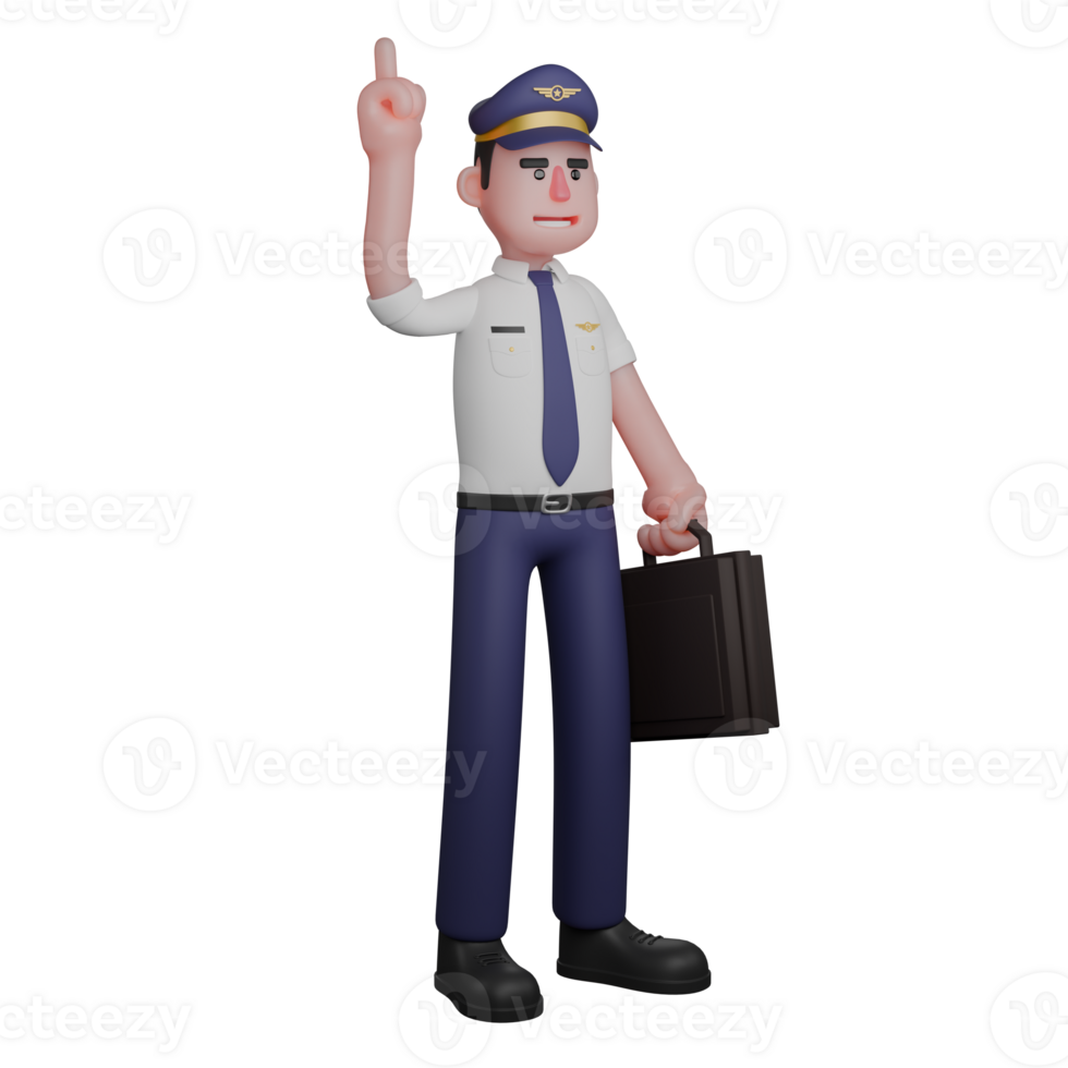 Professional Man in Flight. A pilot stands with his left hand carrying a black bag and his right hand pointing up. 3D Pilot Cartoon png