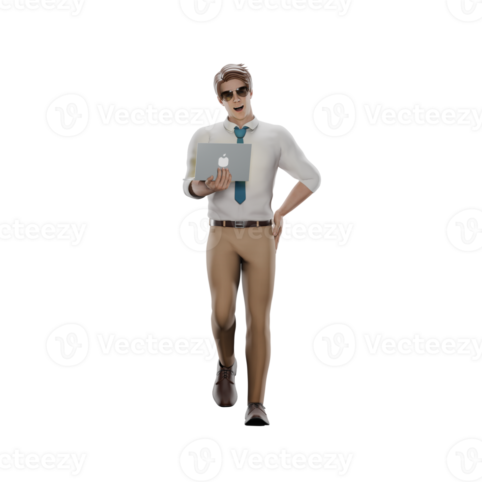 Male Teacher in Action. The male teacher is walking with his laptop in his right hand while his left hand is on his waist. 3D Classroom Scene png