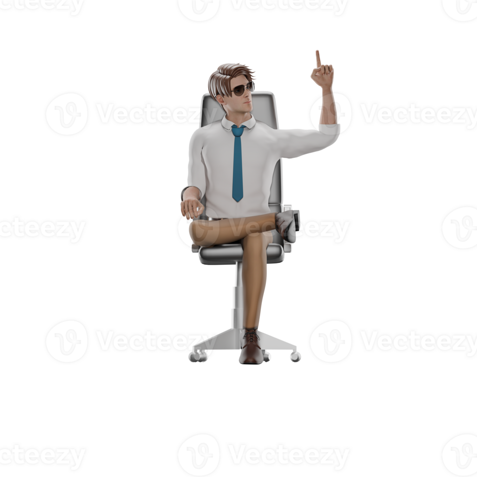 Male Teacher in Classroom Setting. Male teacher sits on a chair with his right leg bent over his left leg while his left hand is raised while pointing his index finger. 3D Character png