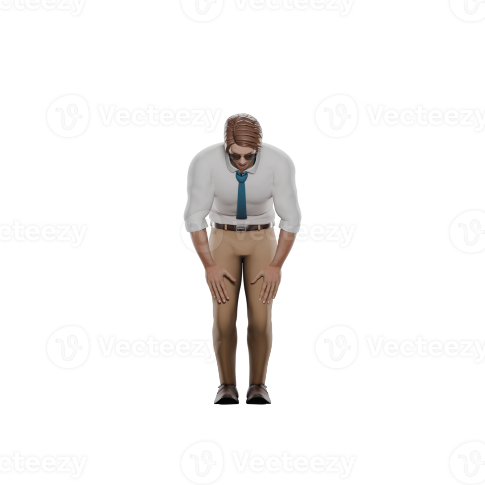 Professional Male in Education. Male teacher stands with his body bent while both hands are on his knees. 3D Teacher Cartoon png