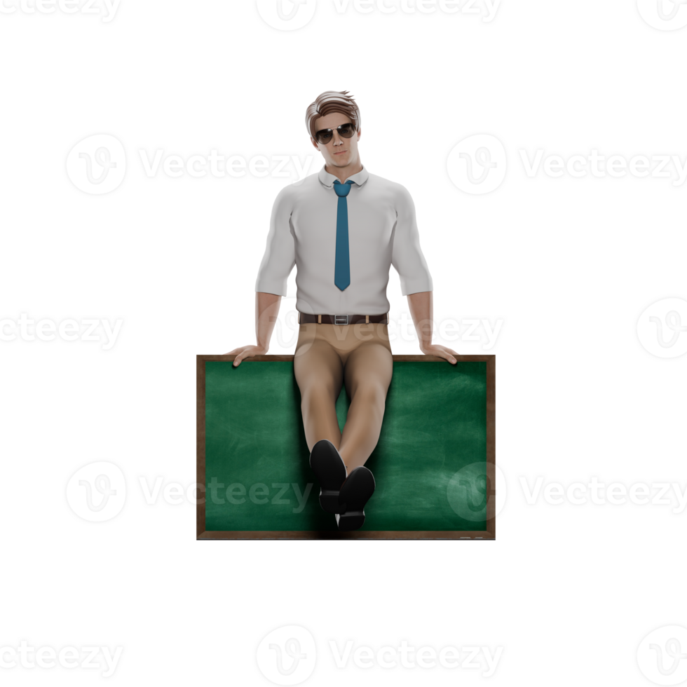 Male Teacher Professionalism in 3D. Male teacher sits on the blackboard with both hands holding the corners of the blackboard. ducational Cartoon png