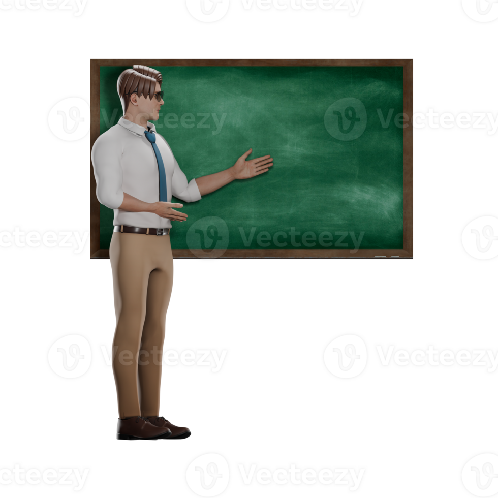 3D Educational Practitioner. Male teacher stands in front of the blackboard with his left hand pointing at the material. Male Teacher png