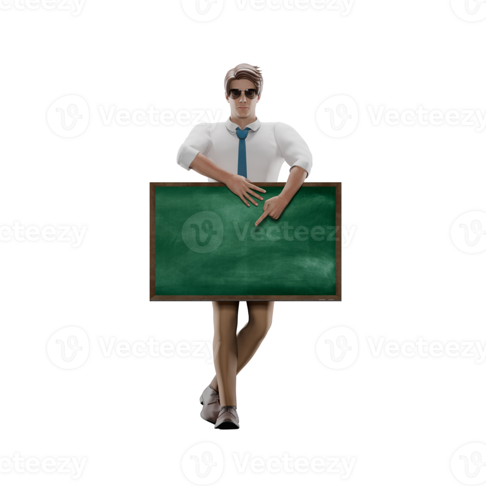 Professional 3D Teacher. Male teacher stands behind a small blackboard with his left hand writing material. Male Educational Expert png