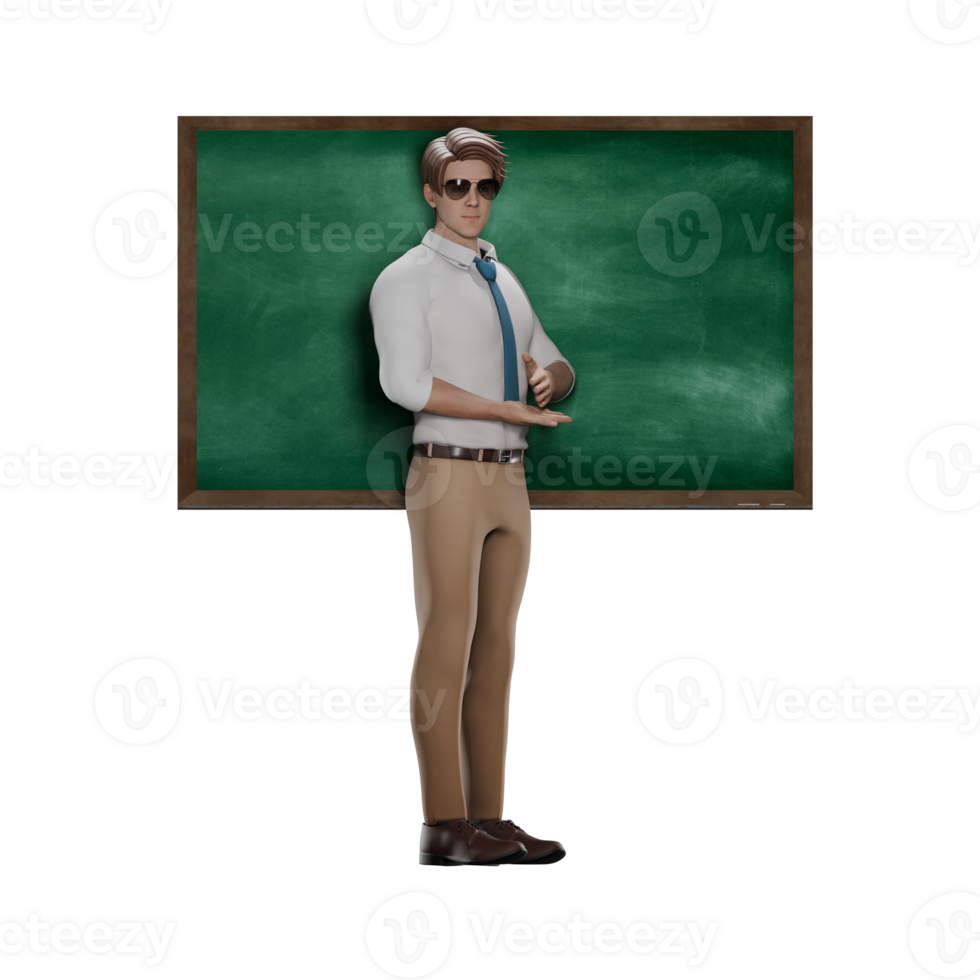 Animated Professional Teacher. Male teacher stands in front of the blackboard with both hands in front of his chest. 3D Male png