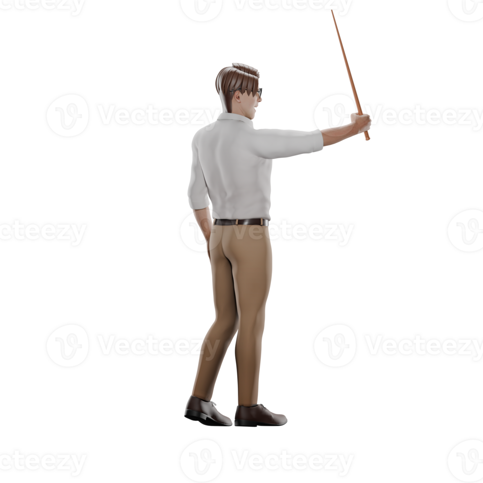Cartoon Professional Teacher. A male teacher is seen from behind, holding up a pointer stick with his right hand. 3D Male png