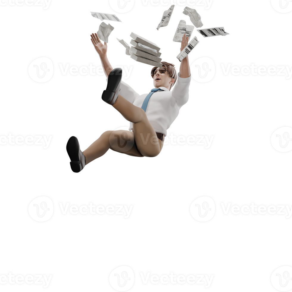 of 3D Male Teacher. A male teacher was floating in the air with several pieces of paper scattered around him. Professional Cartoon png