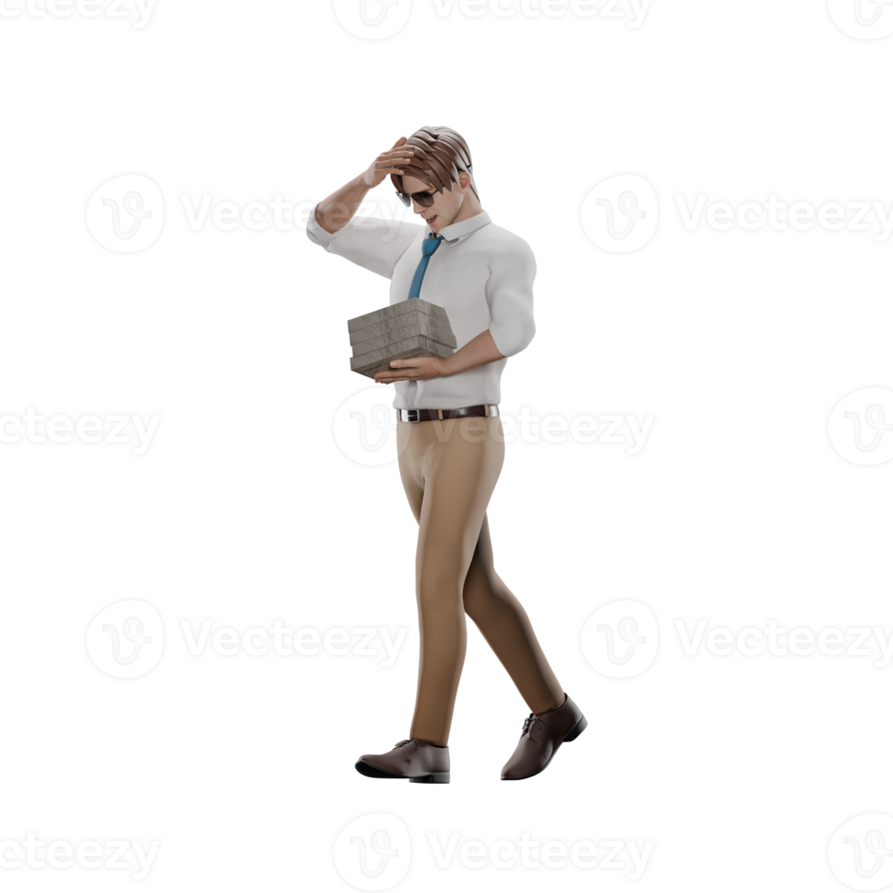 Professional Male Educational Character. Male teacher walks with his left hand carrying a stack of books while his right hand is on his head. 3D Teacher png