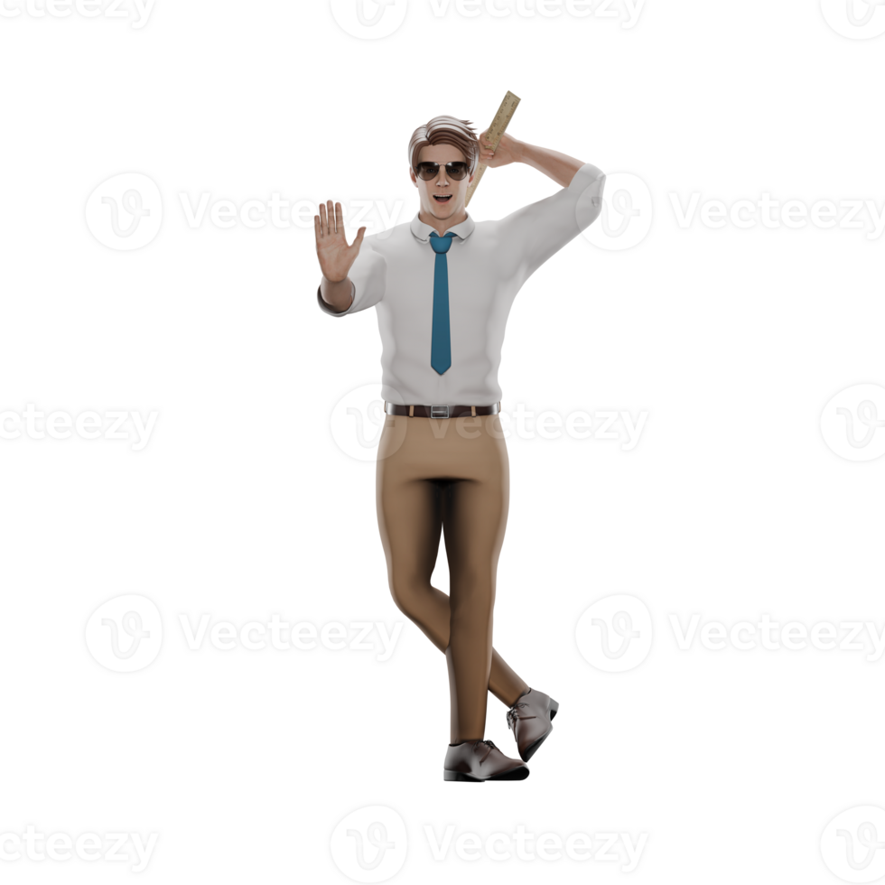 Professional Male Teacher in 3D Animation. A male teacher stands with his left and right legs crossed backwards while his left hand holds a ruler behind his body. Educational png