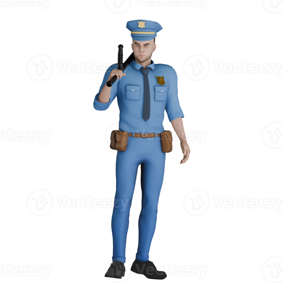 of a Professional Cartoon Cop. A male policeman stands with his right hand holding a stick resting on his shoulder. 3D Male png