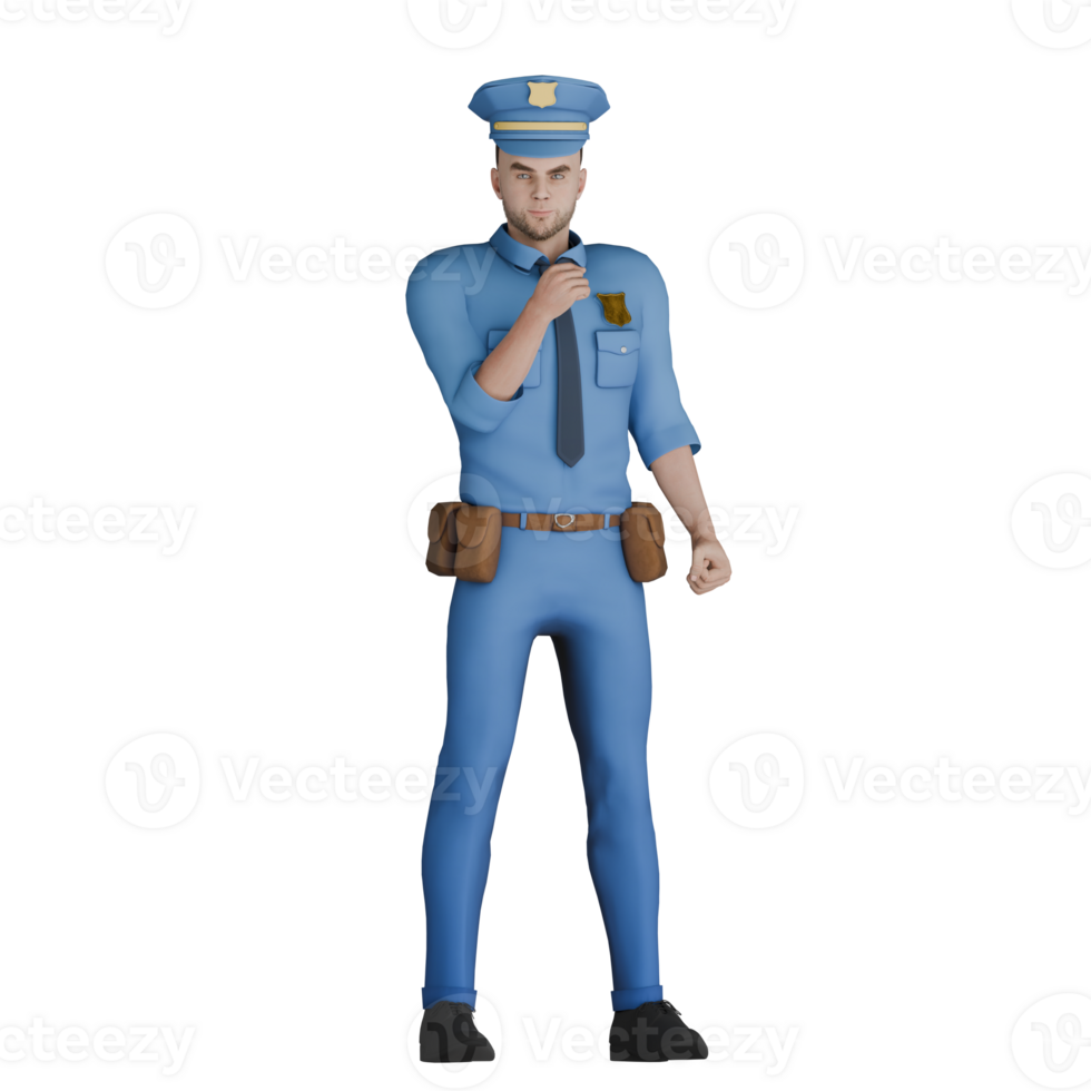 3D Cartoon Cop. A male policeman standing with his right hand on his chest. Animated Police Figure png