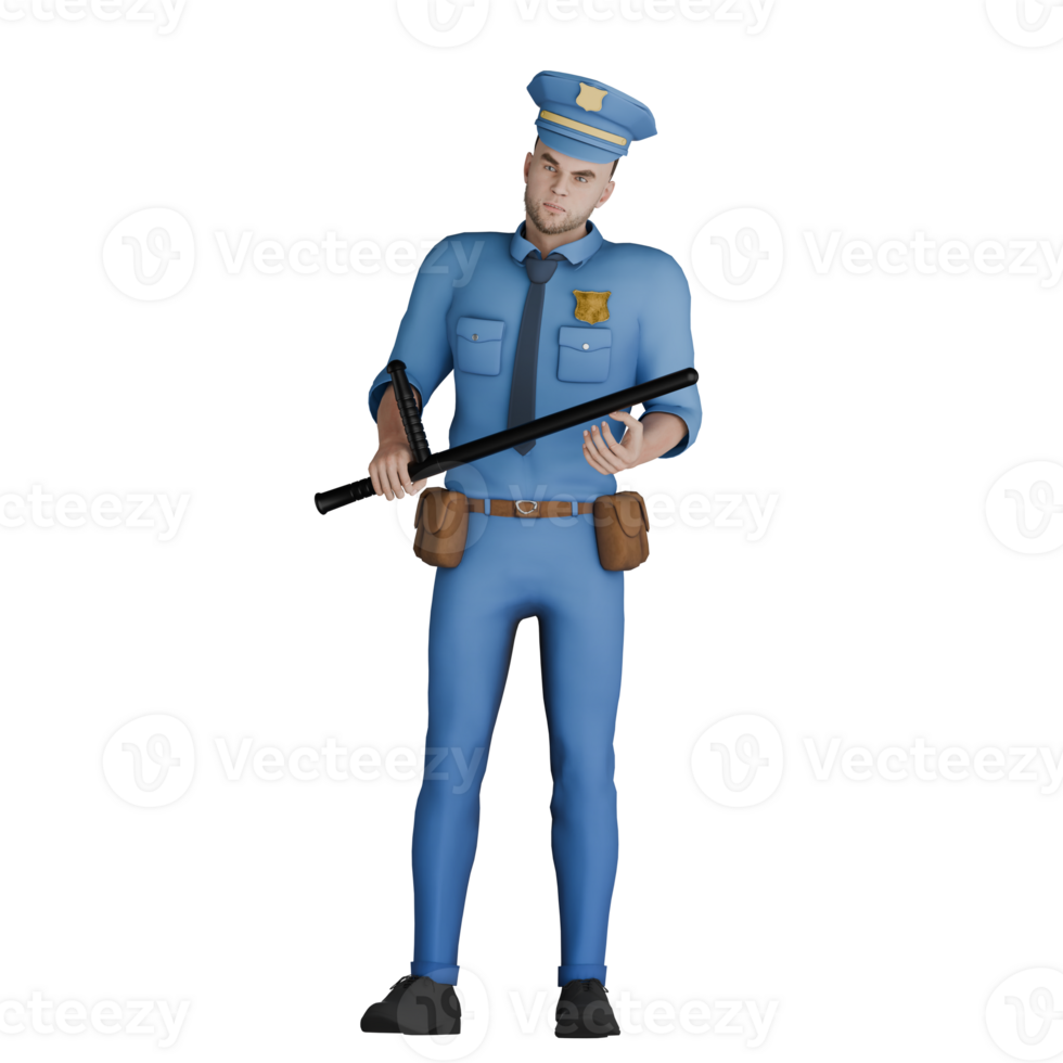 Police Cartoon Character 3D. A male policeman standing with both hands holding a baton. Illustrated Male Officer png
