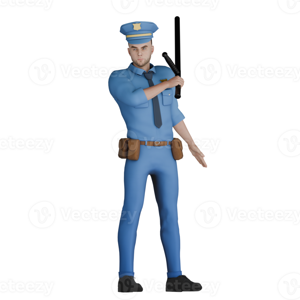 Cartoon Police Commander in 3D. A male policeman standing with his right hand holding a stick pointed at his left chest. Animated Cop png