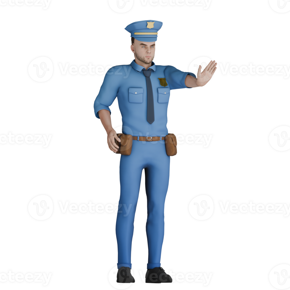 Animated Police Expert 3D. A male policeman stands with his right hand at his waist while his left hand is pointing forward as if stopping. Policeman Cartoon png