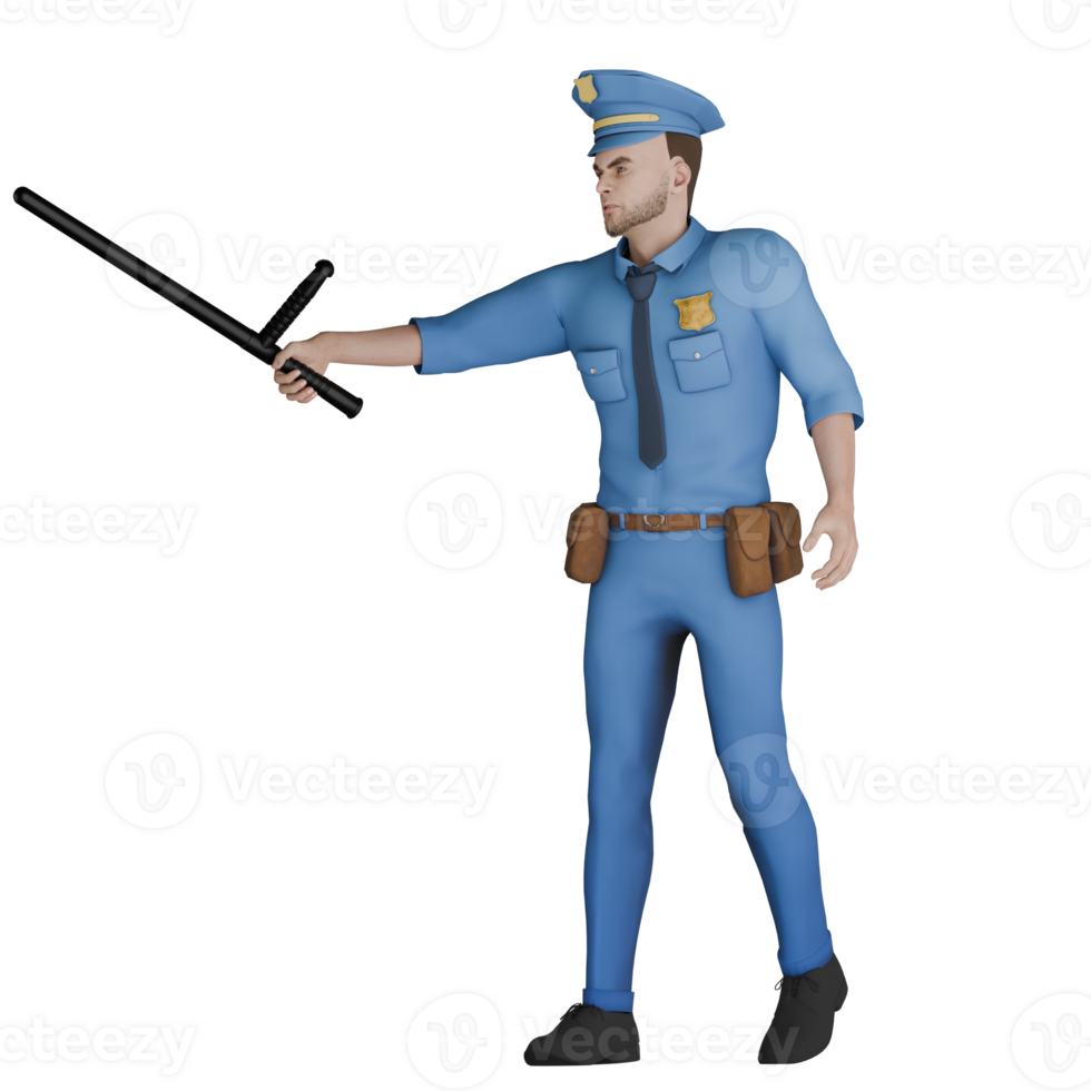 Professional Cartoon Police 3D. A male policeman stands up with a stick held out with his right hand. Animated Law Officer png