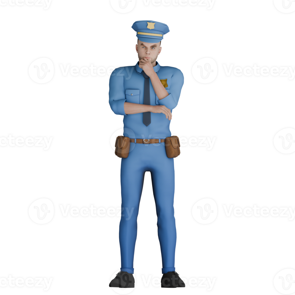 Male Police Cartoon in 3D. A male policeman stands with his right hand in front of his chest while his left hand is raised holding his chin. City Patrol png
