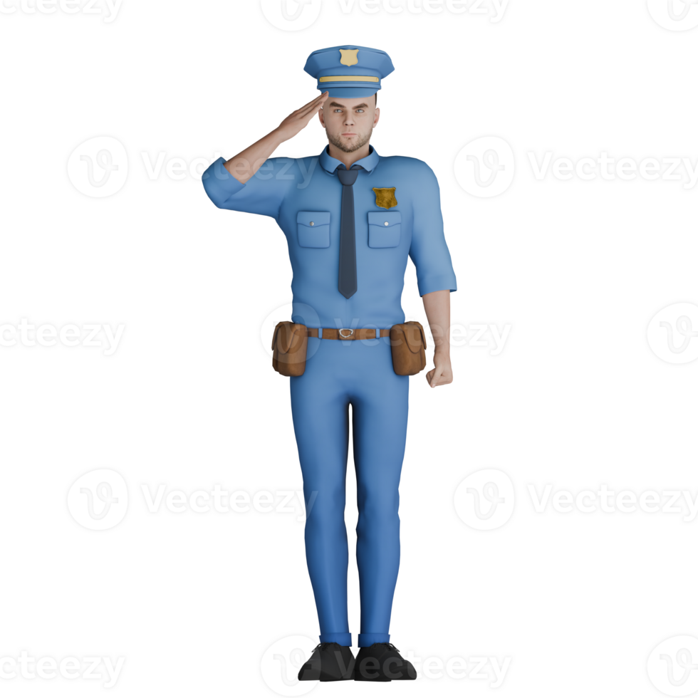 3D Cartoon Police Officer. A male policeman standing with his right hand on his head like a salute. Law Enforcement Character png