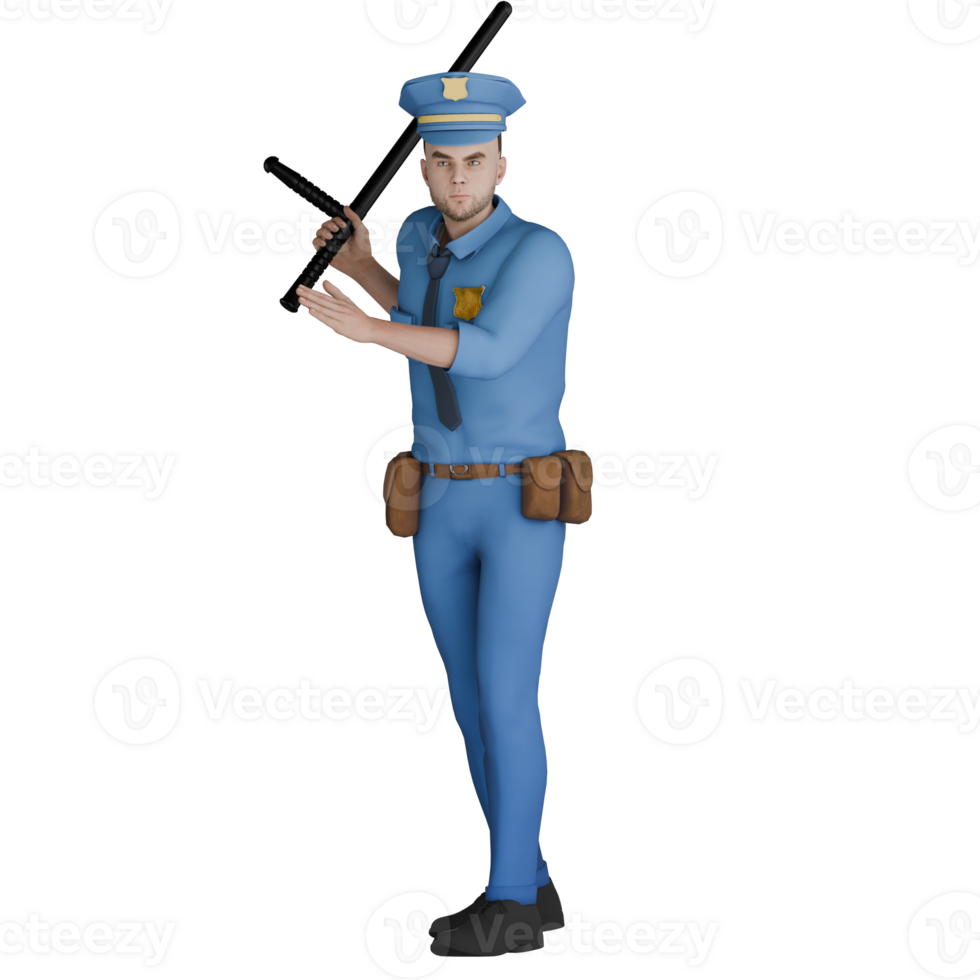 Cartoon Male Police Officer. A male policeman stands with both hands holding a baton as if he wants to hit. 3D Law Professional png