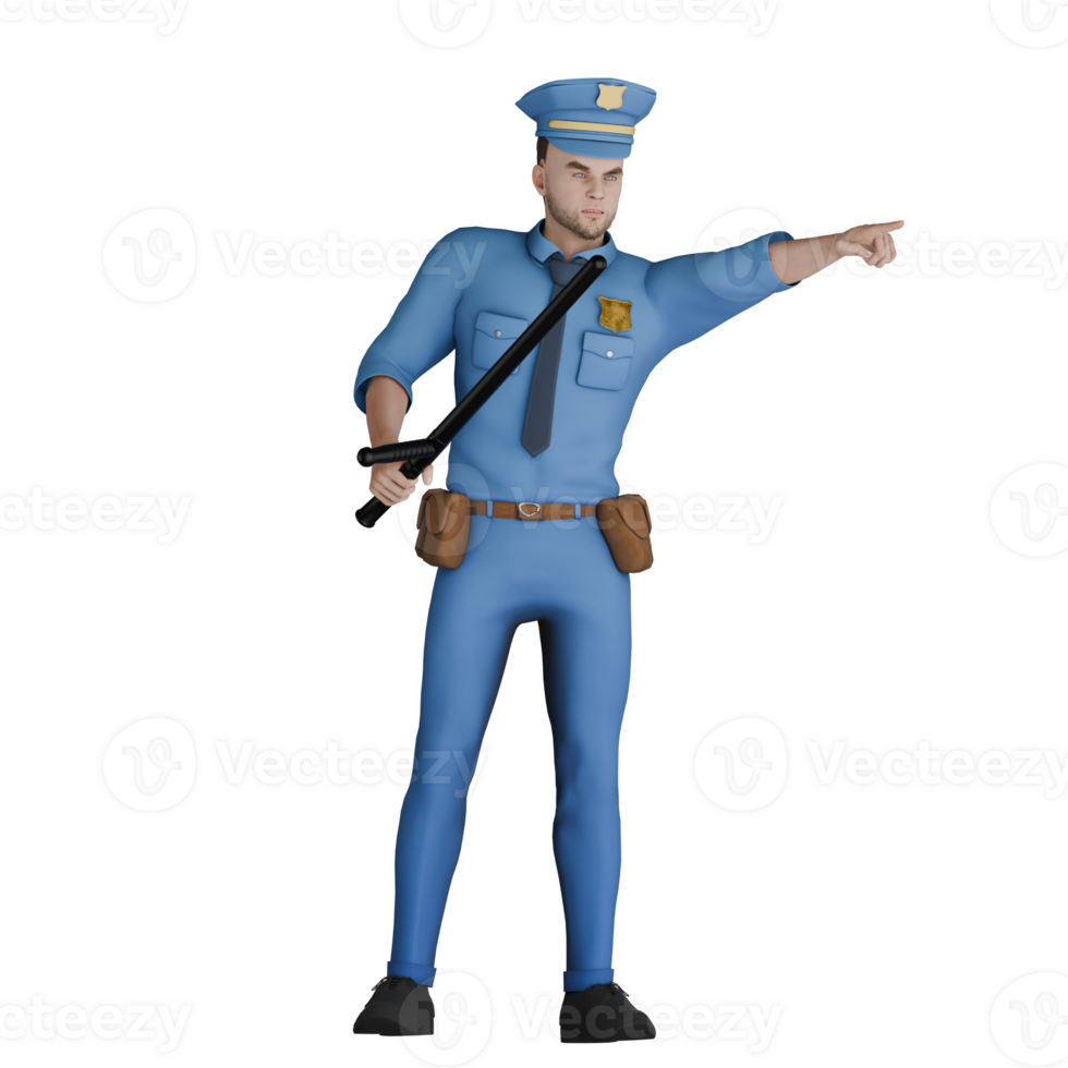 3D Male Law Cartoon Expert. A male policeman stands with his right hand carrying a stick while his left hand is pointing forward. Illustrated Police png