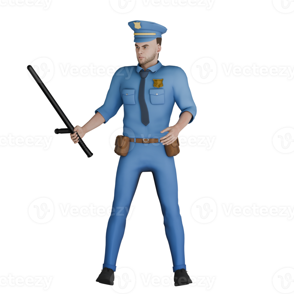 3D Male Cartoon Cop. A male policeman stands with his left hand on his hip while his right hand holds a baton. Policing Action png